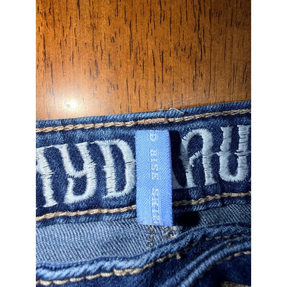 Hydraulic Denim Skirt Women 12 Blue Excellent Rose Embroidered Raw Hem Mini